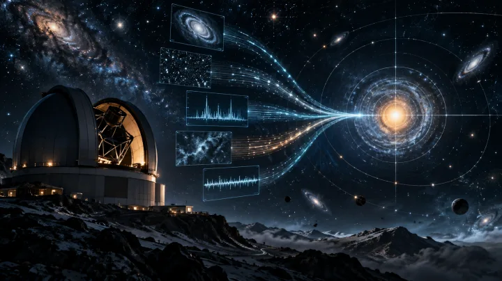 Observatorio bajo un cielo profundo con señales astronómicas que convergen en una observación