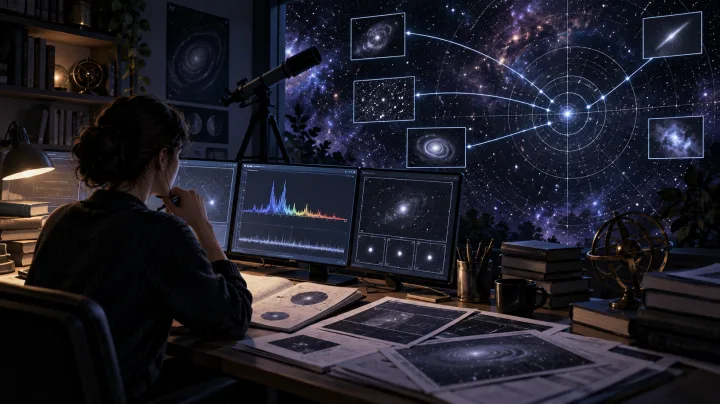 Investigadora comparando observaciones, espectros y mapas del cielo en un espacio de trabajo astronómico